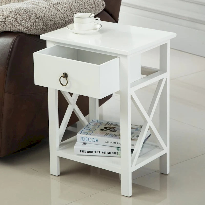 Table de chevet en bois avec base en X et un tiroir