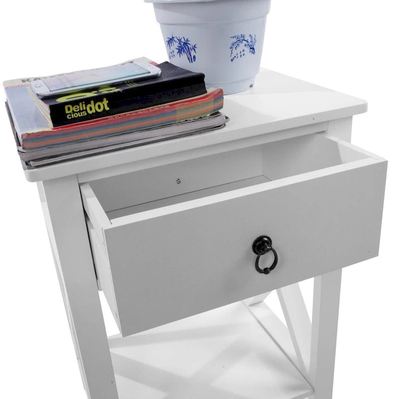 Wooden X-Base Nightstand with Single Drawer