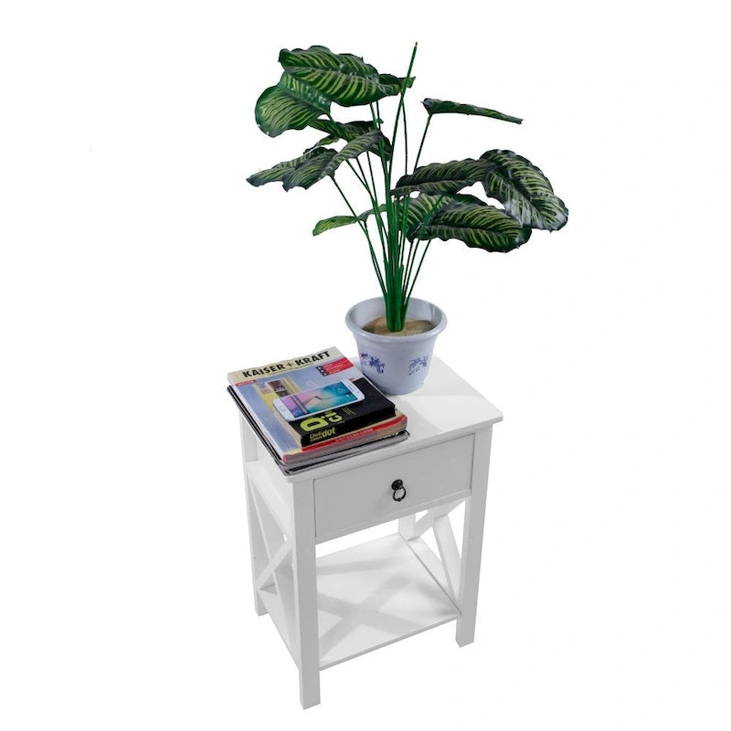 Wooden X-Base Nightstand with Single Drawer