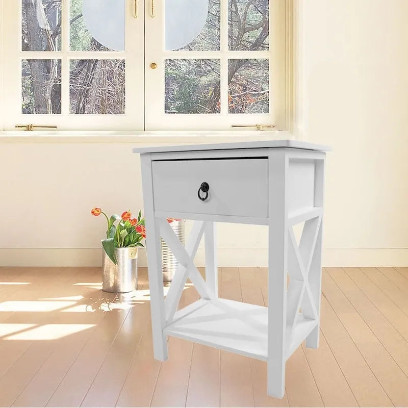 Wooden X-Base Nightstand with Single Drawer
