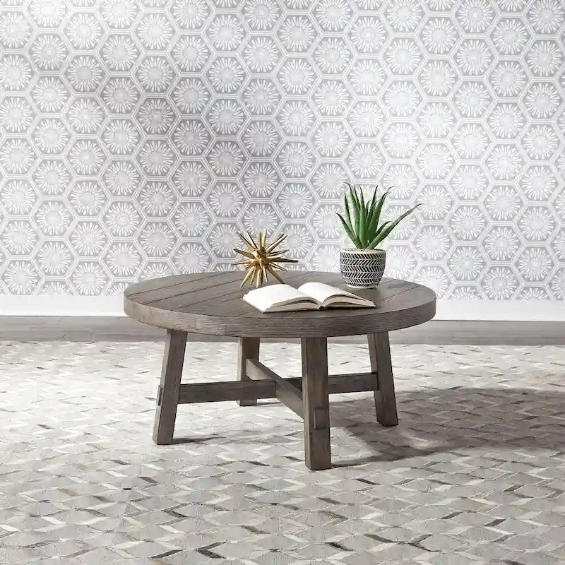 Table ronde moderne de style ferme, gris anthracite patiné, avec pieds évasés