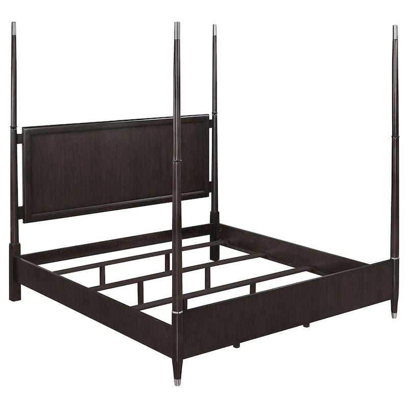 Amber Queen Size Poster Bed, Floating Headboard with Low Footboard, Brown