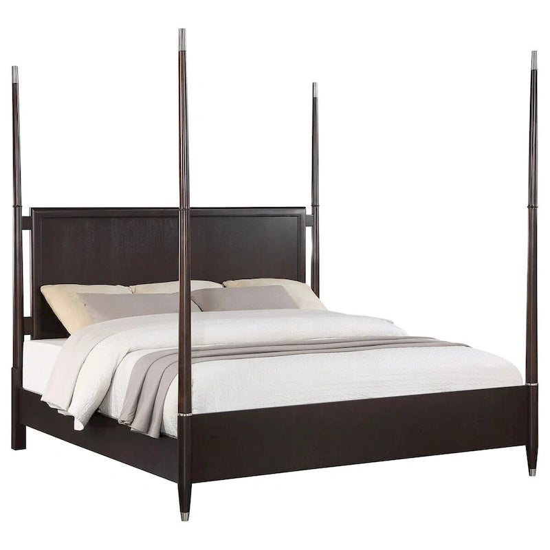 Amber Queen Size Poster Bed, Floating Headboard with Low Footboard, Brown