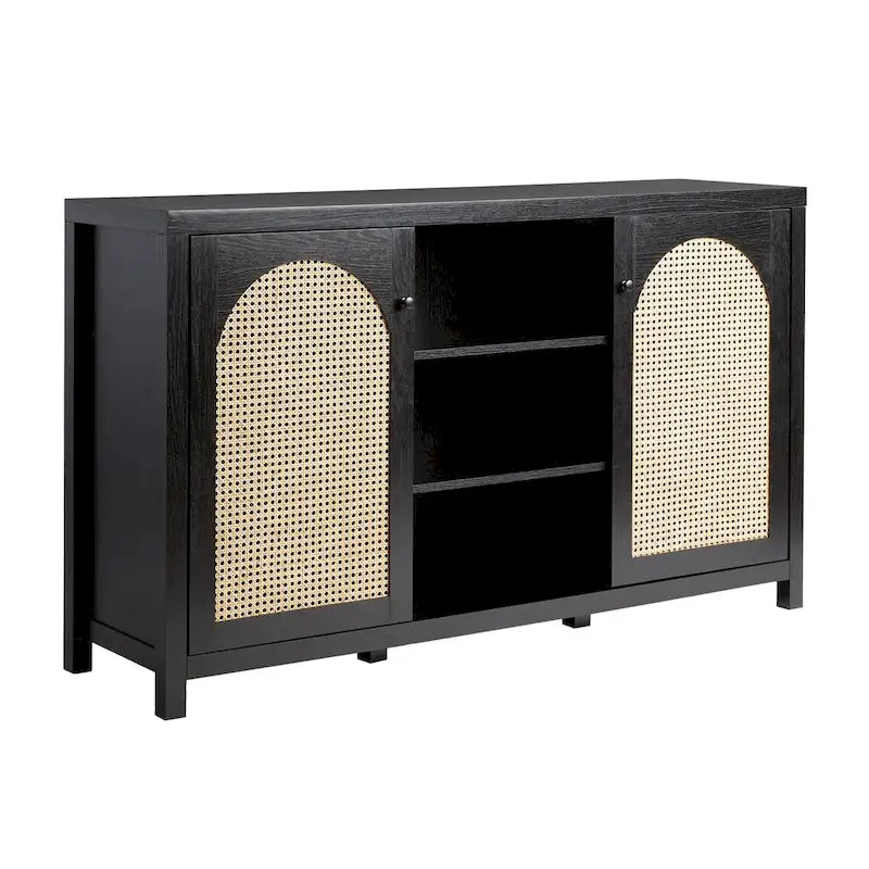 Buffet de transition de 58 pouces à 2 portes avec panneaux en rotin cintrés pour le salon, la chambre et le bureau