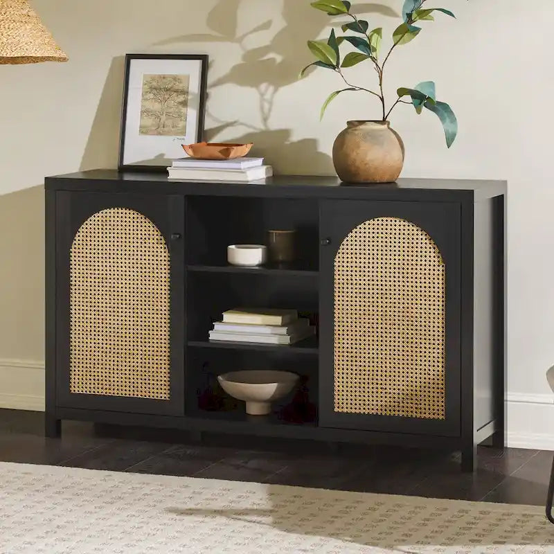 Transitional 58 2-Door Sideboard with Arched Rattan Panels for Living Room, Bedroom and Office