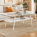 Rechteckiger Couchtisch mit Tischplatte aus gehärtetem Glas und weißen Metallbeinen, moderner Tisch für das Wohnzimmer, transparentes Glas