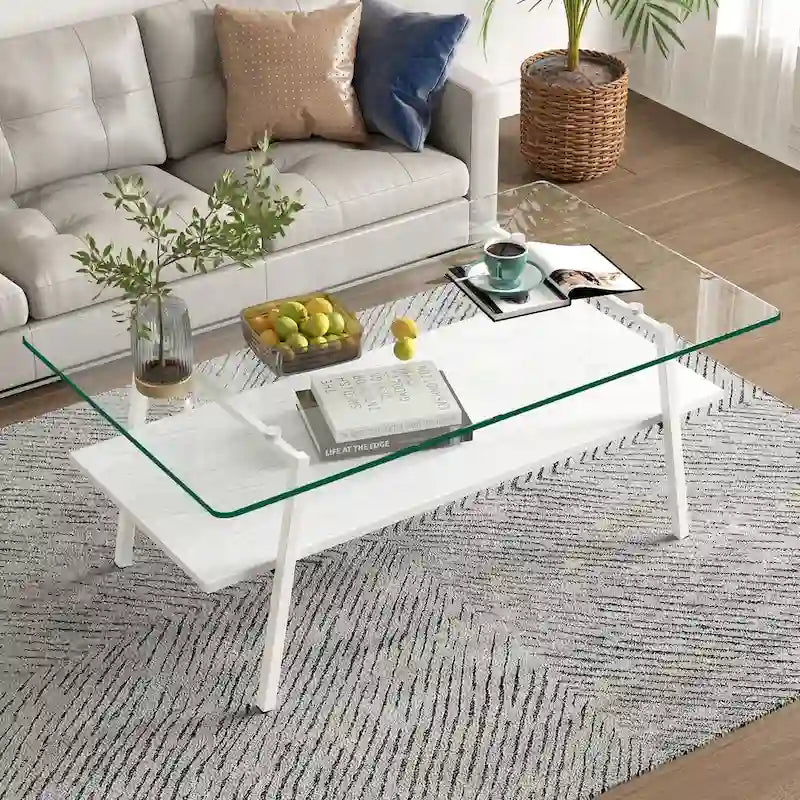 Rechteckiger Couchtisch mit Tischplatte aus gehärtetem Glas und weißen Metallbeinen, moderner Tisch für das Wohnzimmer, transparentes Glas