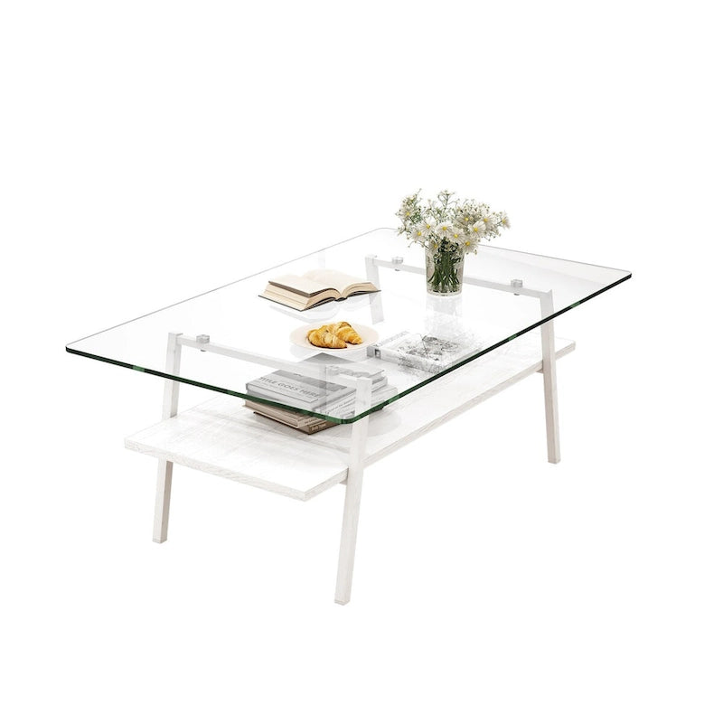 Rechteckiger Couchtisch mit Tischplatte aus gehärtetem Glas und weißen Metallbeinen, moderner Tisch für das Wohnzimmer, transparentes Glas