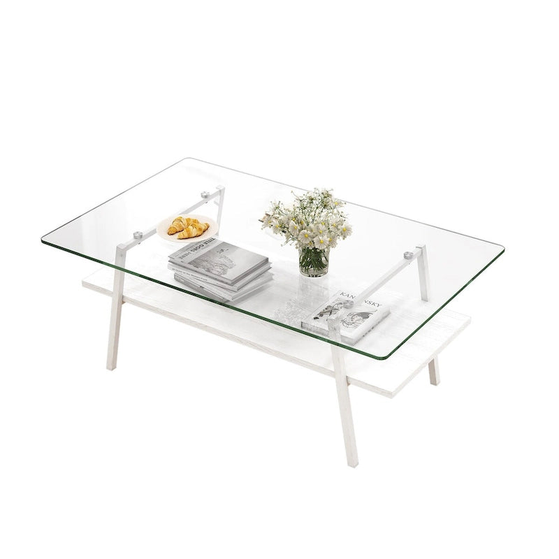 Rechteckiger Couchtisch mit Tischplatte aus gehärtetem Glas und weißen Metallbeinen, moderner Tisch für das Wohnzimmer, transparentes Glas