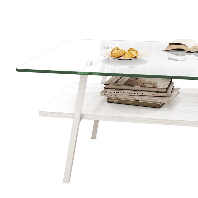 Rechteckiger Couchtisch mit Tischplatte aus gehärtetem Glas und weißen Metallbeinen, moderner Tisch für das Wohnzimmer, transparentes Glas