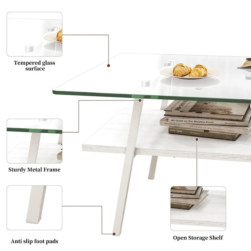 Rechteckiger Couchtisch mit Tischplatte aus gehärtetem Glas und weißen Metallbeinen, moderner Tisch für das Wohnzimmer, transparentes Glas