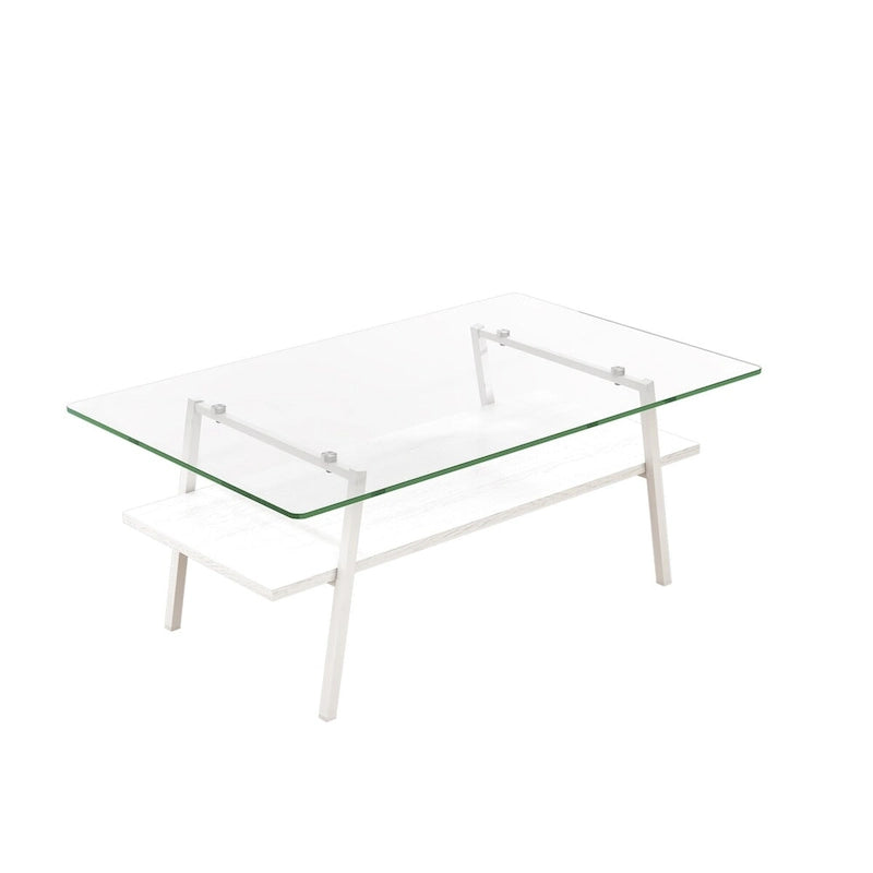 Rechteckiger Couchtisch mit Tischplatte aus gehärtetem Glas und weißen Metallbeinen, moderner Tisch für das Wohnzimmer, transparentes Glas