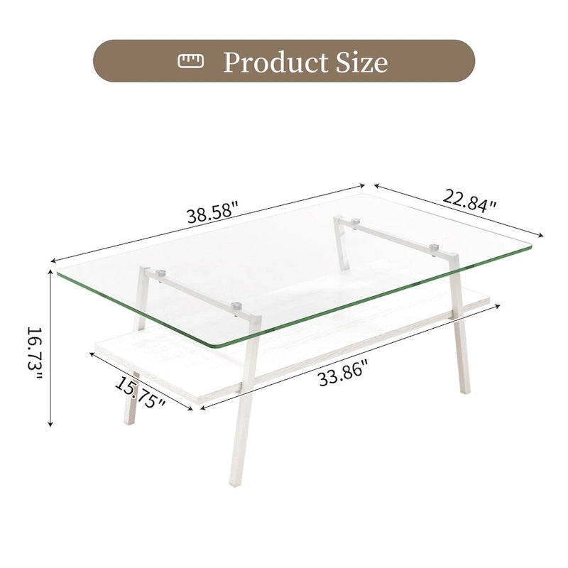 Rechteckiger Couchtisch mit Tischplatte aus gehärtetem Glas und weißen Metallbeinen, moderner Tisch für das Wohnzimmer, transparentes Glas