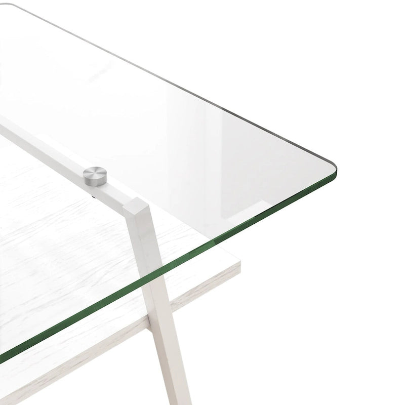 Rechteckiger Couchtisch mit Tischplatte aus gehärtetem Glas und weißen Metallbeinen, moderner Tisch für das Wohnzimmer, transparentes Glas