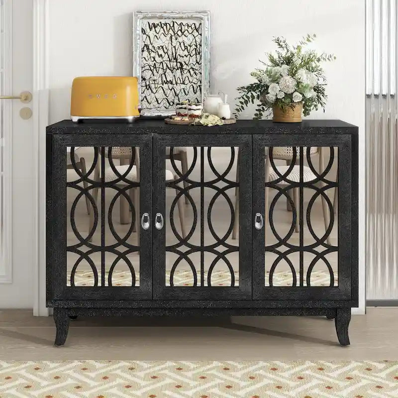 Buffetschrank mit 3 Türen, Spiegelfronten und silbernen Griffen für Wohnzimmer und Esszimmer