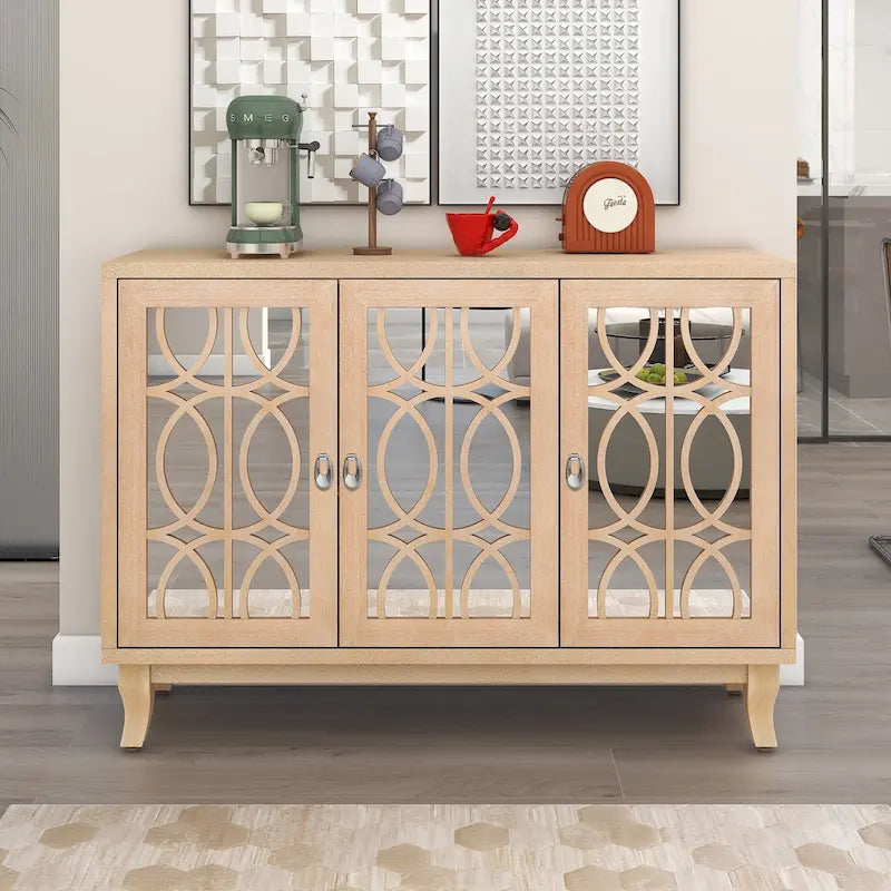 Buffetschrank mit 3 Türen, Spiegelfronten und silbernen Griffen für Wohnzimmer und Esszimmer