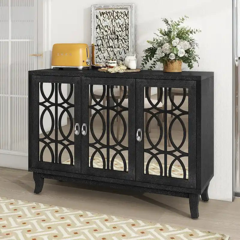 Buffetschrank mit 3 Türen, Spiegelfronten und silbernen Griffen für Wohnzimmer und Esszimmer