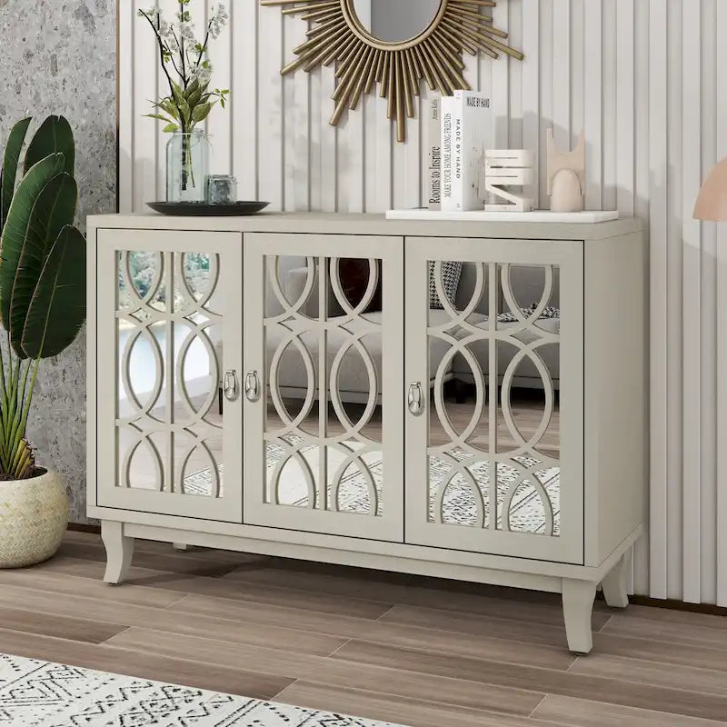Buffetschrank mit 3 Türen, Spiegelfronten und silbernen Griffen für Wohnzimmer und Esszimmer