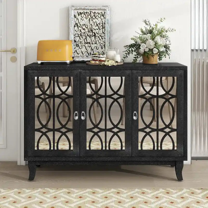 Buffetschrank mit 3 Türen, Spiegelfronten und silbernen Griffen für Wohnzimmer und Esszimmer