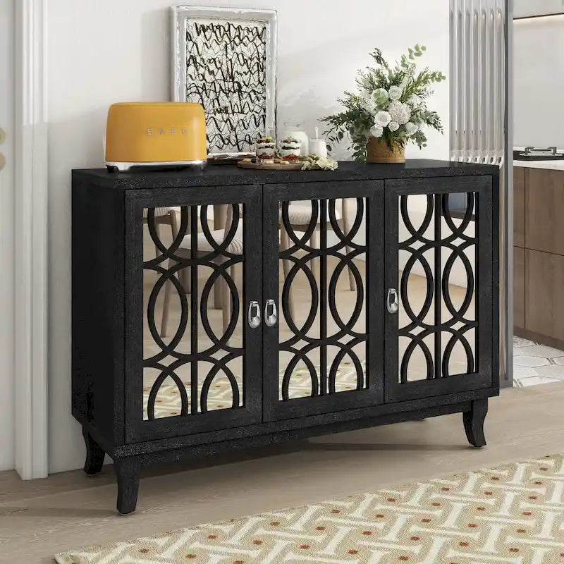 Buffetschrank mit 3 Türen, Spiegelfronten und silbernen Griffen für Wohnzimmer und Esszimmer