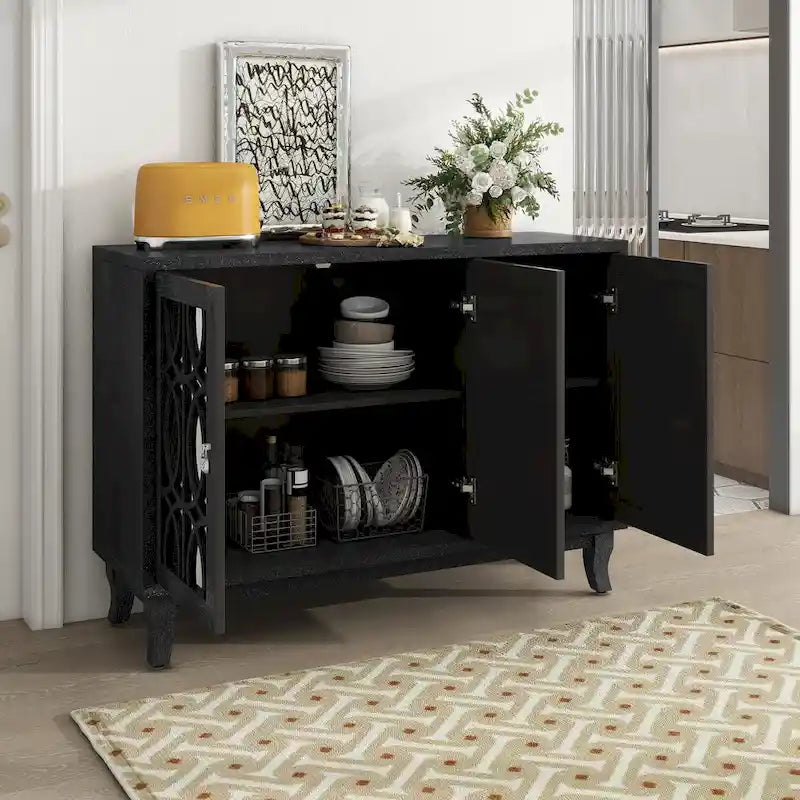 Buffetschrank mit 3 Türen, Spiegelfronten und silbernen Griffen für Wohnzimmer und Esszimmer
