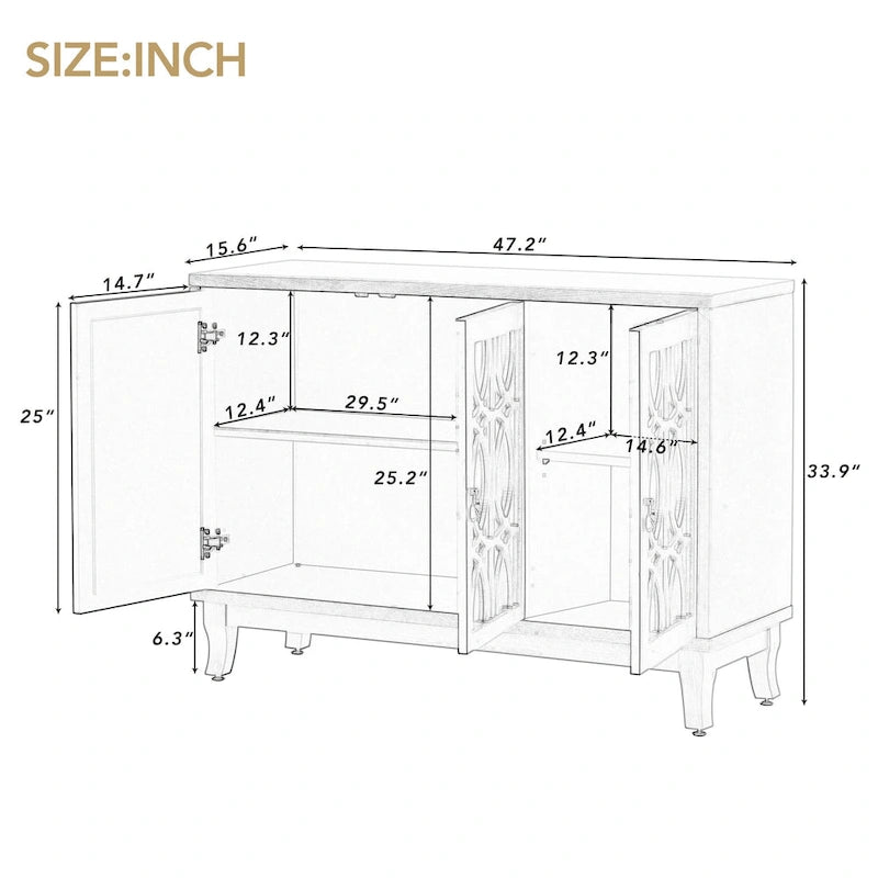 Buffetschrank mit 3 Türen, Spiegelfronten und silbernen Griffen für Wohnzimmer und Esszimmer