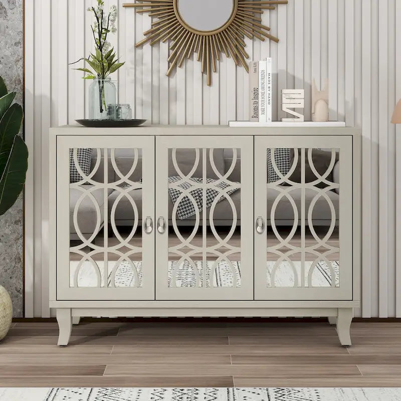 Buffetschrank mit 3 Türen, Spiegelfronten und silbernen Griffen für Wohnzimmer und Esszimmer