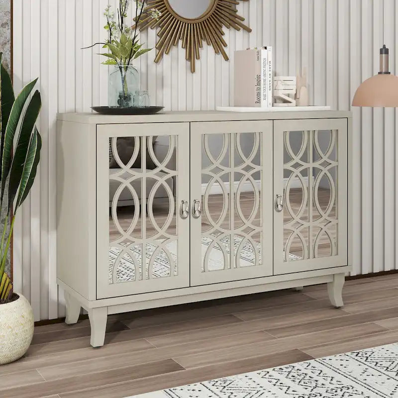 Buffetschrank mit 3 Türen, Spiegelfronten und silbernen Griffen für Wohnzimmer und Esszimmer