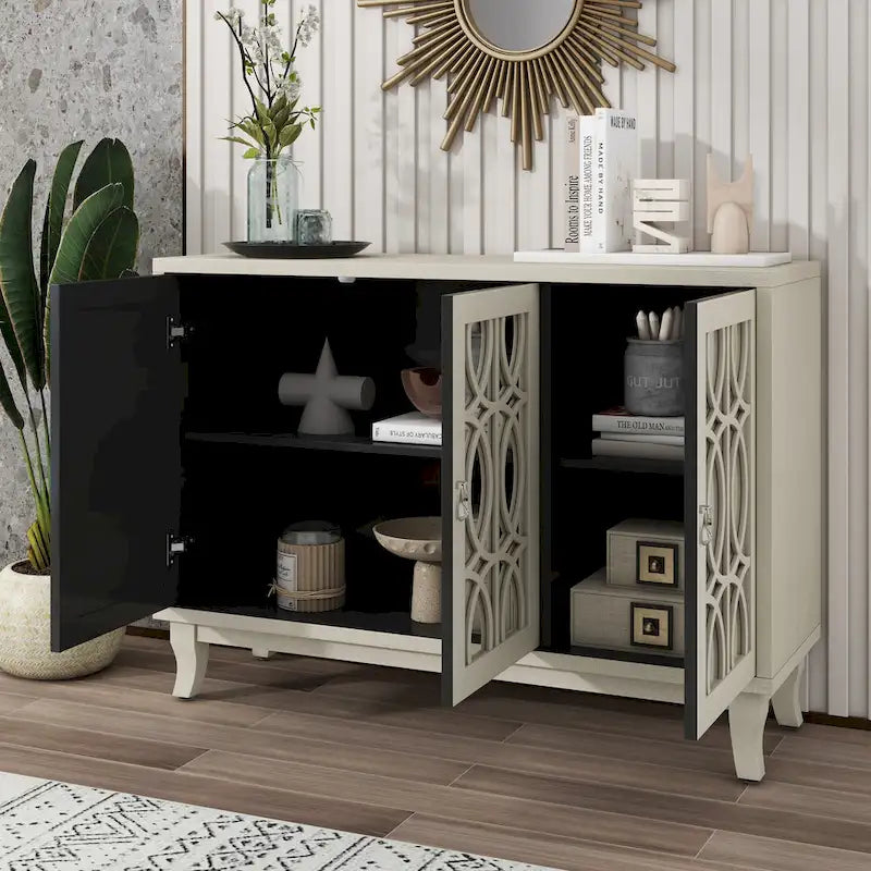 Buffetschrank mit 3 Türen, Spiegelfronten und silbernen Griffen für Wohnzimmer und Esszimmer