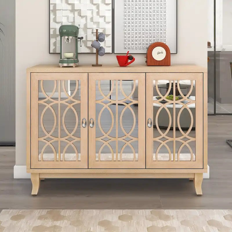 Buffetschrank mit 3 Türen, Spiegelfronten und silbernen Griffen für Wohnzimmer und Esszimmer