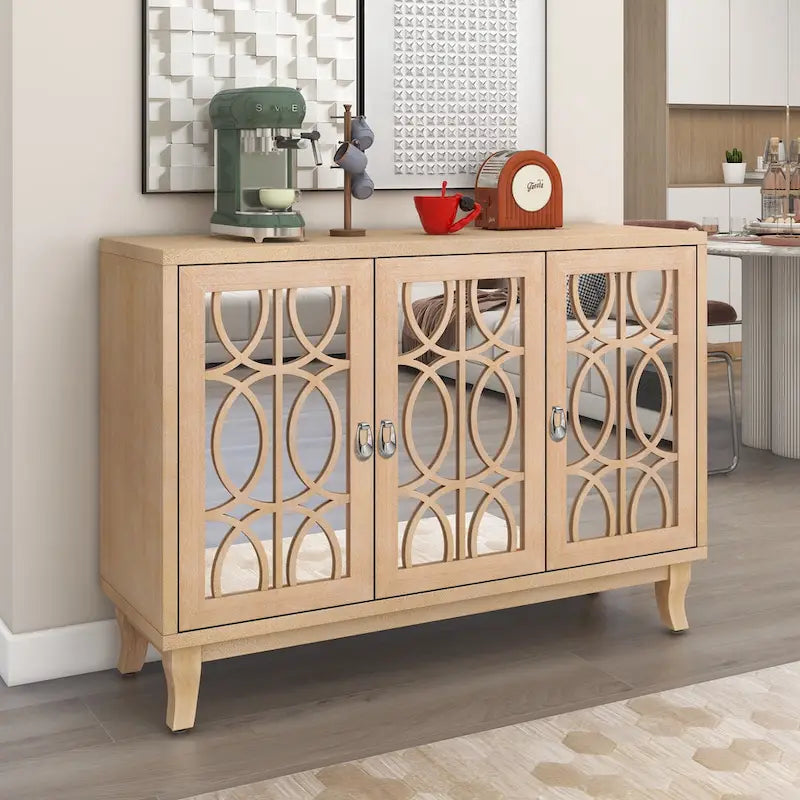 Buffetschrank mit 3 Türen, Spiegelfronten und silbernen Griffen für Wohnzimmer und Esszimmer