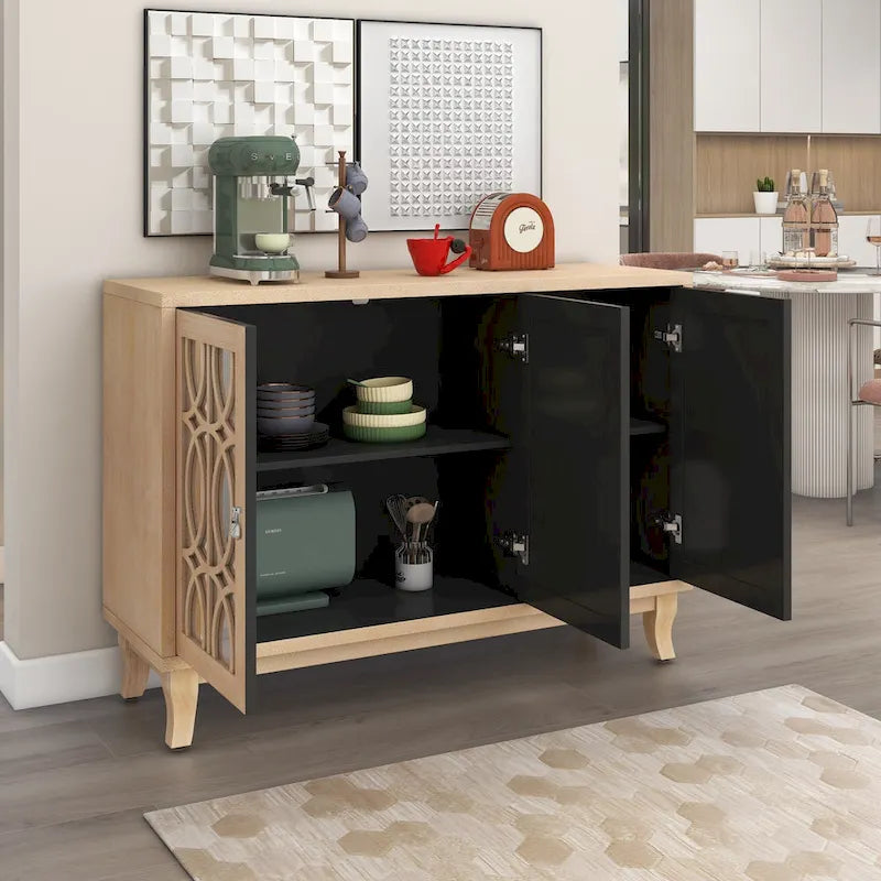 Buffetschrank mit 3 Türen, Spiegelfronten und silbernen Griffen für Wohnzimmer und Esszimmer