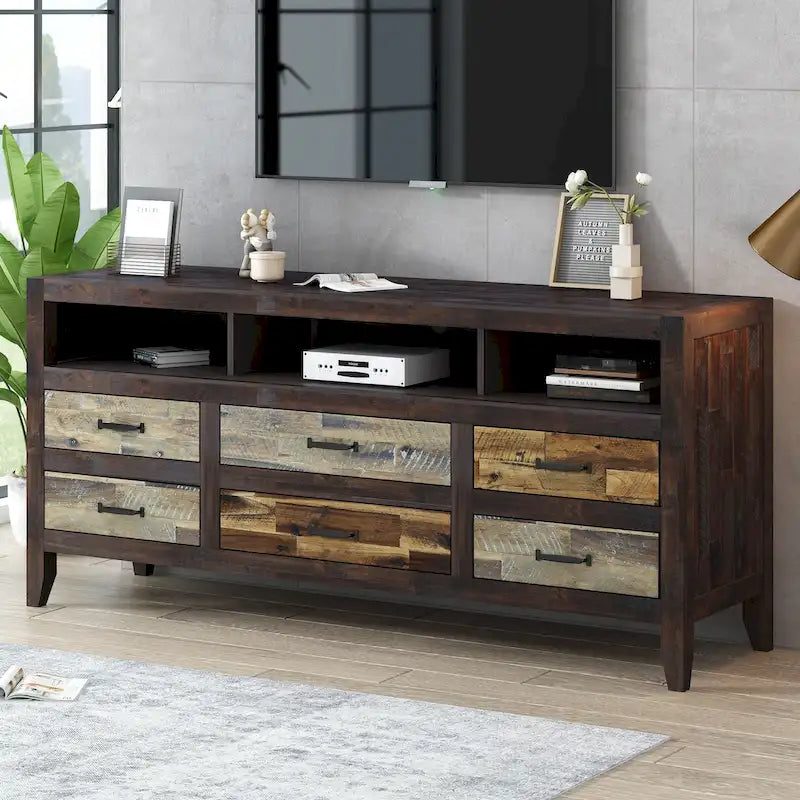 Retro Distressed Wooden TV Stand for TVs up to 65 Inches, Entertainment Center Media Console with 6 Drawers and 3 Shelves