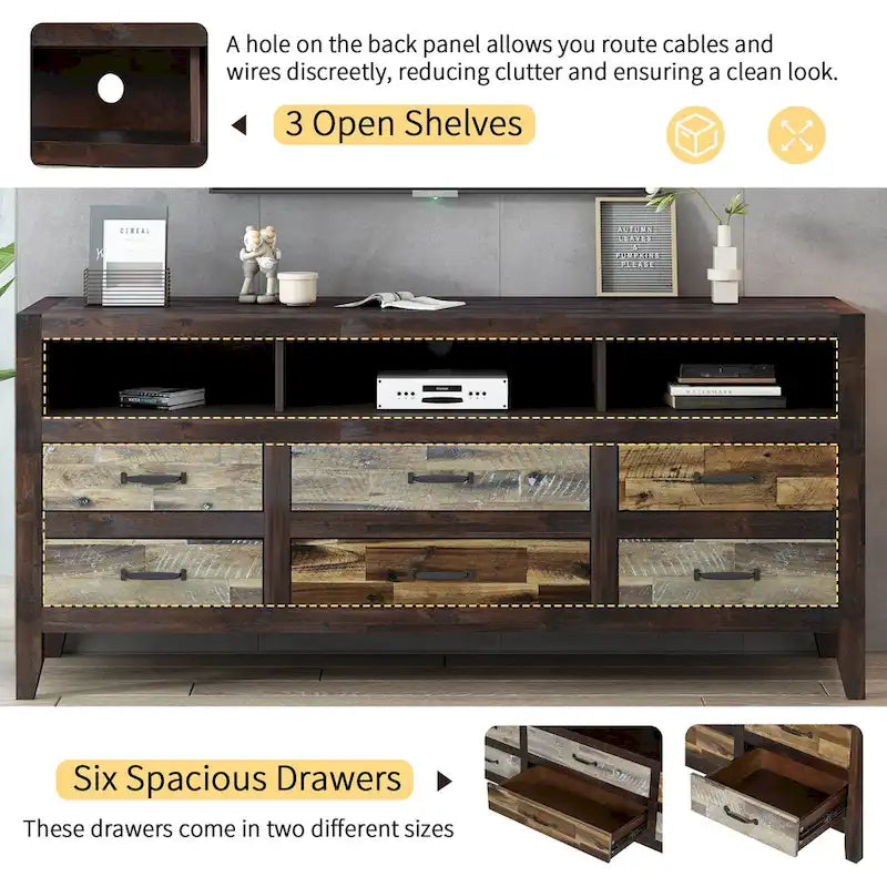 Retro Distressed Wooden TV Stand for TVs up to 65 Inches, Entertainment Center Media Console with 6 Drawers and 3 Shelves