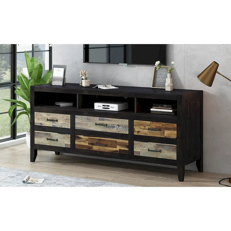 Retro Distressed Wooden TV Stand for TVs up to 65 Inches, Entertainment Center Media Console with 6 Drawers and 3 Shelves