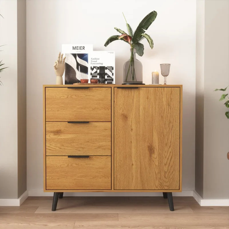 Armoire de rangement avec 3 tiroirs et étagère réglable, armoire du milieu du siècle avec porte, armoire d’appoint, couleur bois naturel