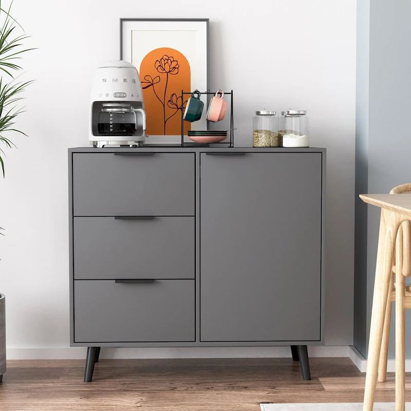 Armoire de rangement avec 3 tiroirs et étagère réglable, armoire du milieu du siècle avec porte, armoire d’appoint, couleur bois naturel
