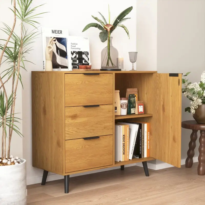 Armoire de rangement avec 3 tiroirs et étagère réglable, armoire du milieu du siècle avec porte, armoire d’appoint, couleur bois naturel