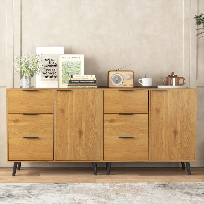 Armoire de rangement avec 3 tiroirs et étagère réglable, armoire du milieu du siècle avec porte, armoire d’appoint, couleur bois naturel