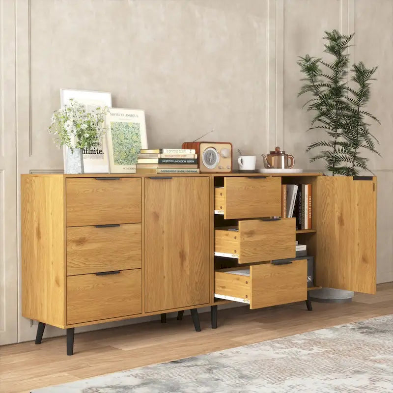 Armoire de rangement avec 3 tiroirs et étagère réglable, armoire du milieu du siècle avec porte, armoire d’appoint, couleur bois naturel