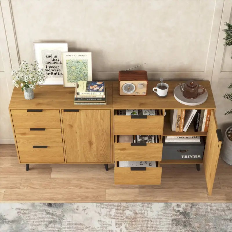 Armoire de rangement avec 3 tiroirs et étagère réglable, armoire du milieu du siècle avec porte, armoire d’appoint, couleur bois naturel