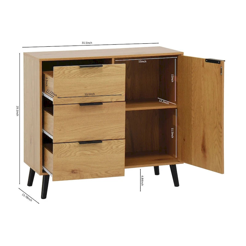 Armoire de rangement avec 3 tiroirs et étagère réglable, armoire du milieu du siècle avec porte, armoire d’appoint, couleur bois naturel