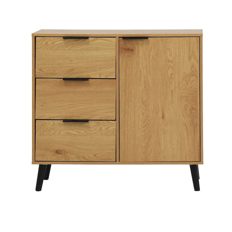 Armoire de rangement avec 3 tiroirs et étagère réglable, armoire du milieu du siècle avec porte, armoire d’appoint, couleur bois naturel