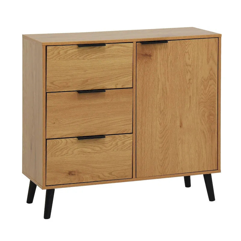 Armoire de rangement avec 3 tiroirs et étagère réglable, armoire du milieu du siècle avec porte, armoire d’appoint, couleur bois naturel