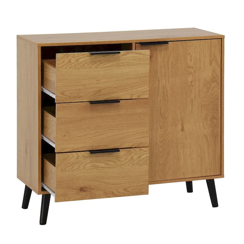 Armoire de rangement avec 3 tiroirs et étagère réglable, armoire du milieu du siècle avec porte, armoire d’appoint, couleur bois naturel