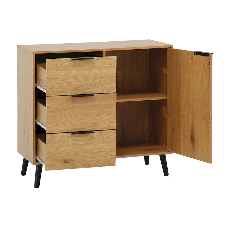 Armoire de rangement avec 3 tiroirs et étagère réglable, armoire du milieu du siècle avec porte, armoire d’appoint, couleur bois naturel
