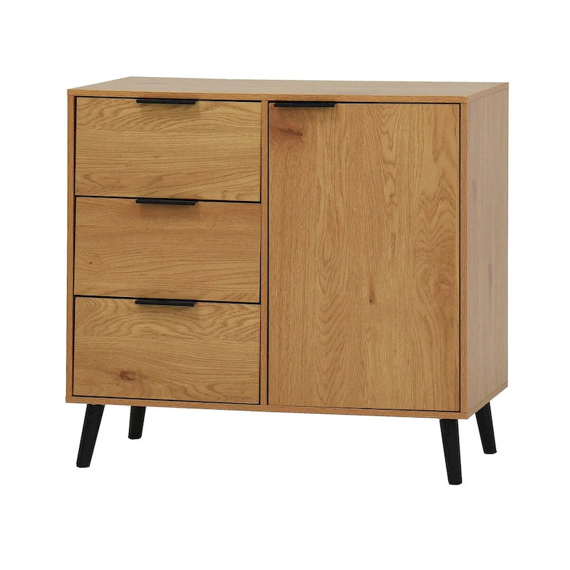 Armoire de rangement avec 3 tiroirs et étagère réglable, armoire du milieu du siècle avec porte, armoire d’appoint, couleur bois naturel